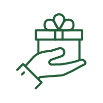 Icon of a hand carrying a wrapped gift box with bow