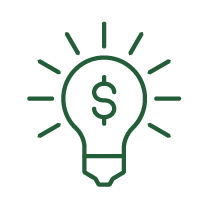 Icon of a light bulb with multiple decorative lines around it, and a dollar sign within