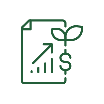 Icon of a bank statement with arrows and multiple graphs, overlaid with a dollar sign sprouting a plant from the top portion