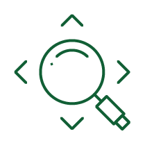 Icon of a magnifying glass with decorative arrows surrounding it