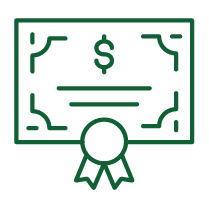 Icon of a certificate containing a dollar sign, multiple decorative lines, and a ribbon