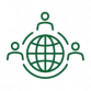 Icon of a globe with latitudinal and longitudinal lines, surrounded by three people. The people are connected by lines surrounding the globe.